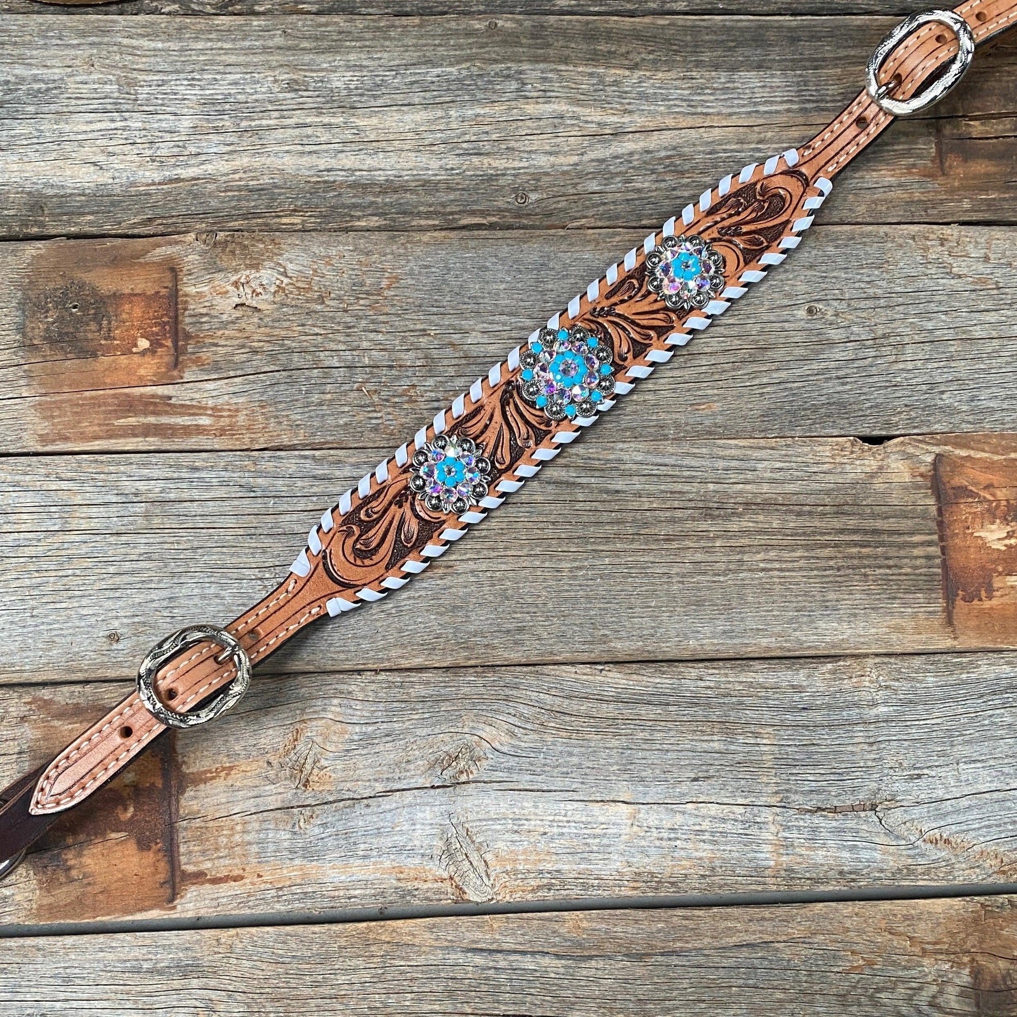 Whipstitch Turquoise &amp; AB Browband/One Ear Tack Set with Wither Strap  
