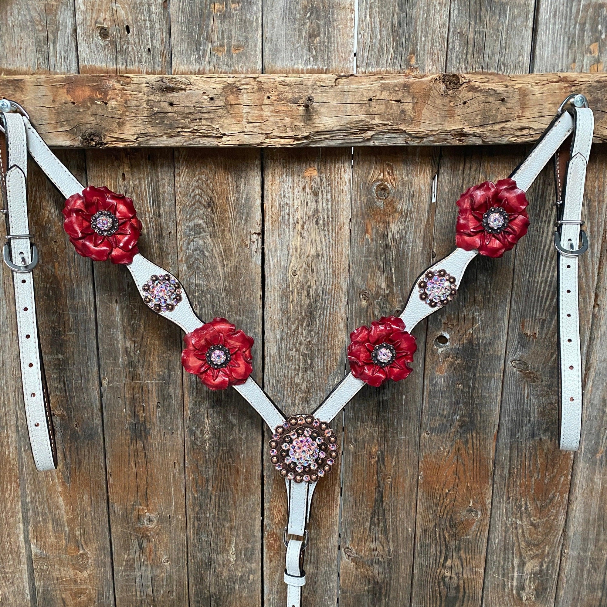 White Leather AB and Gardenias One Ear Tack Set with Wither Strap 