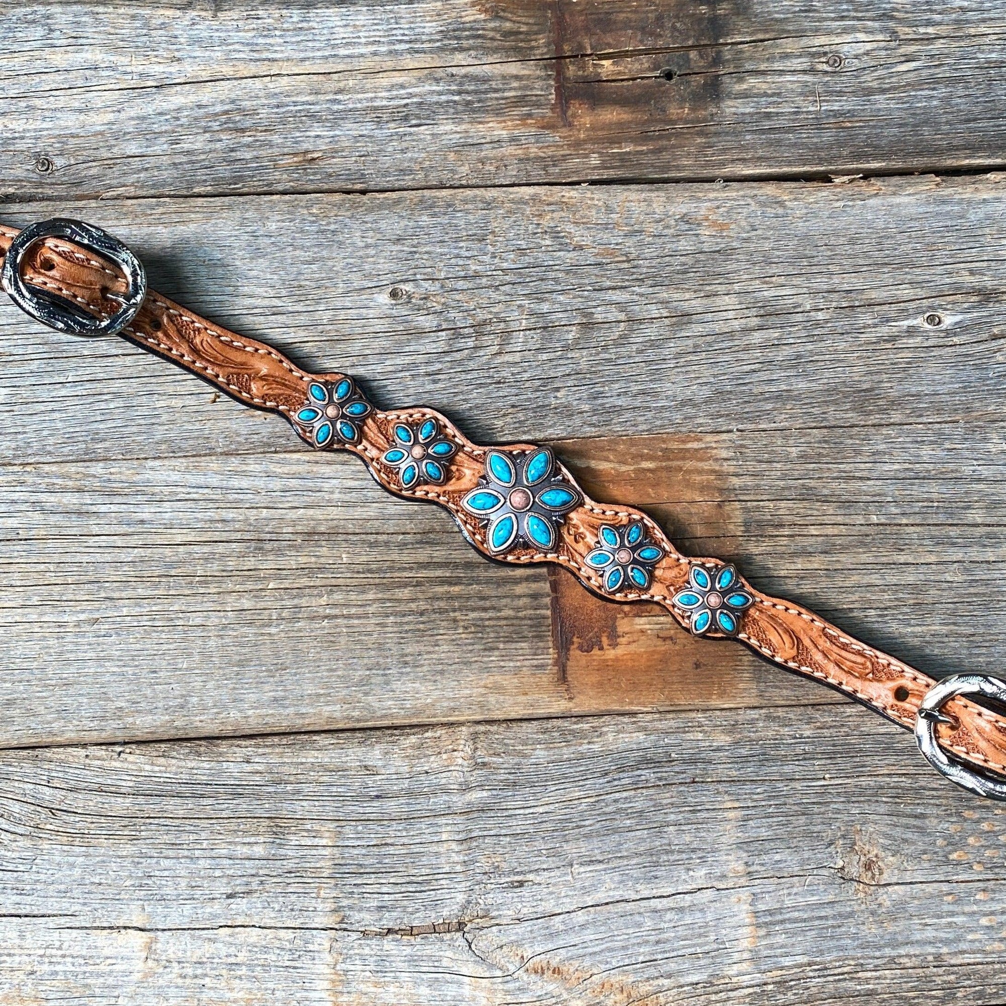 Light Floral Turquoise Browband/One Ear Tack Set with Wither Strap  