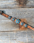 Light Floral Turquoise Browband/One Ear Tack Set with Wither Strap  