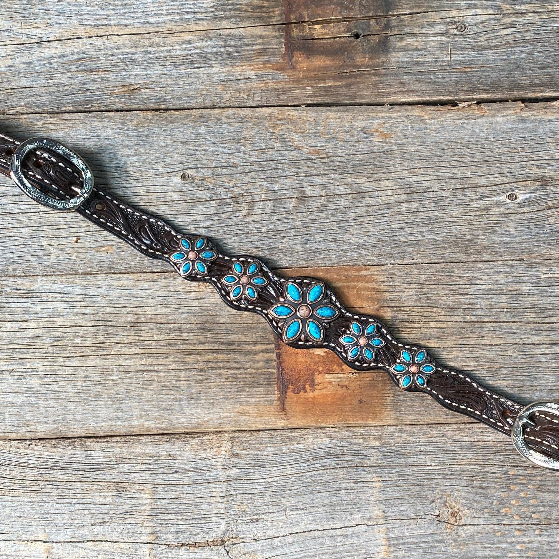 Dark Floral Turquoise Browband/One Ear Tack Set with Wither Strap  