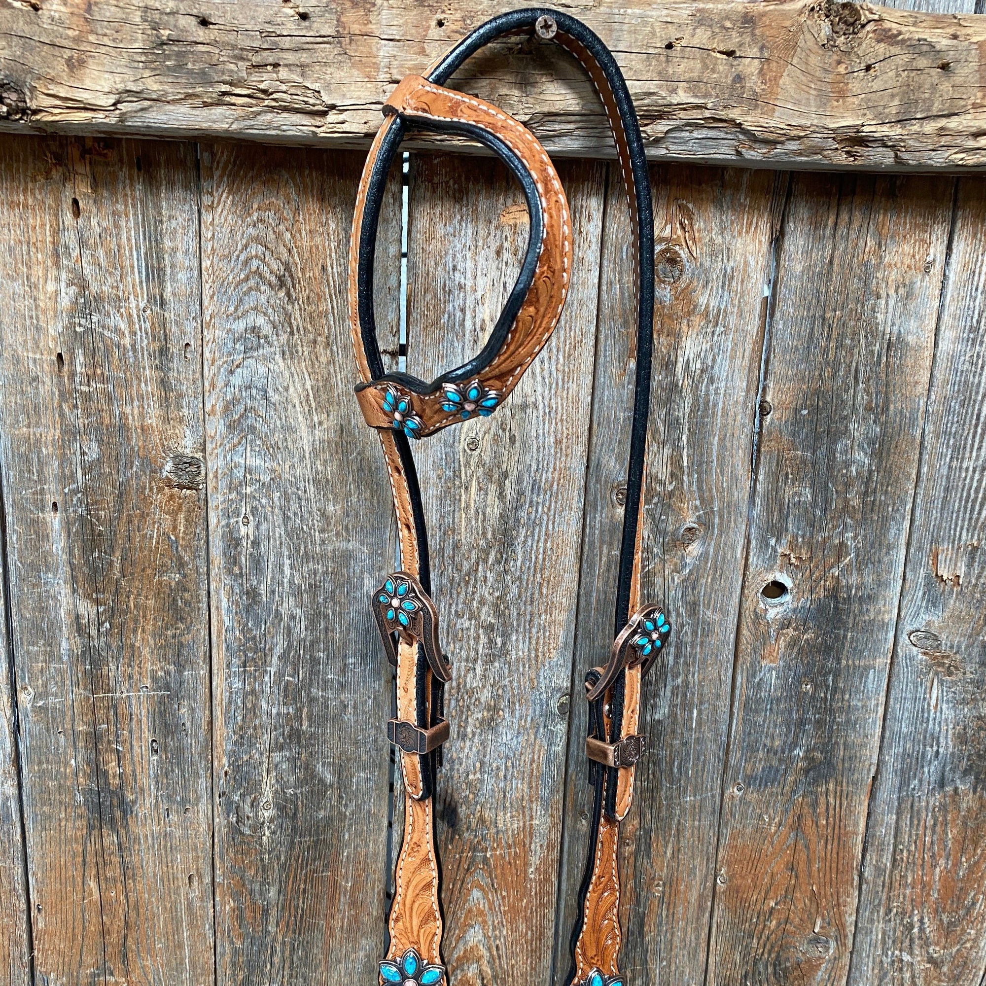 Light Floral Turquoise Browband/One Ear Tack Set with Wither Strap  