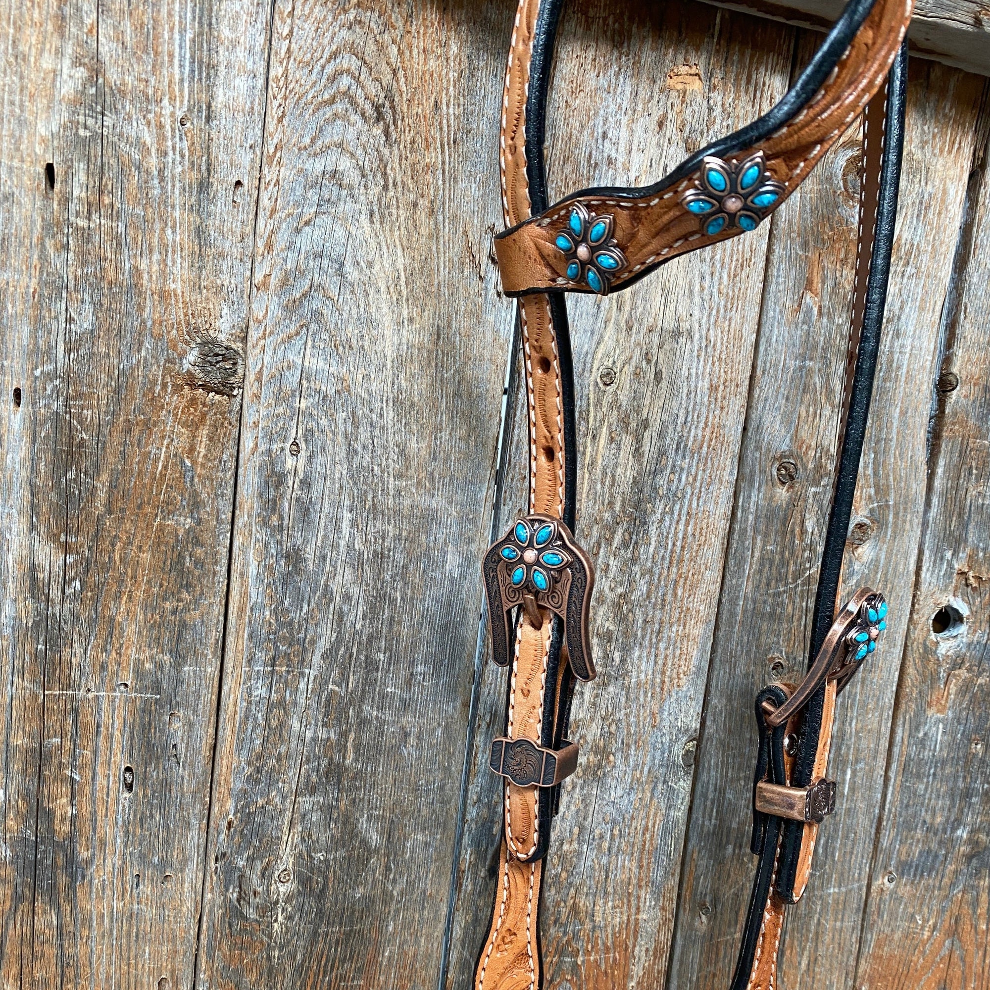 Light Floral Turquoise Browband/One Ear Tack Set with Wither Strap  
