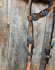 Light Floral Turquoise Browband/One Ear Tack Set with Wither Strap  