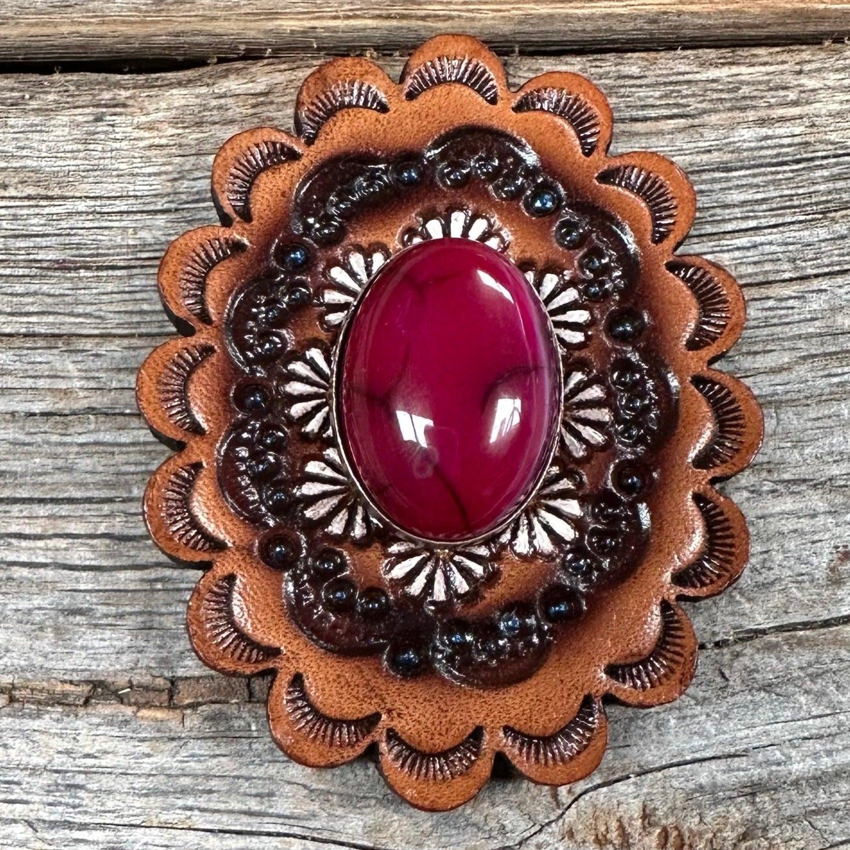 Leather Rosette with Fuchsia Cabochon Western Concho R102CABFU