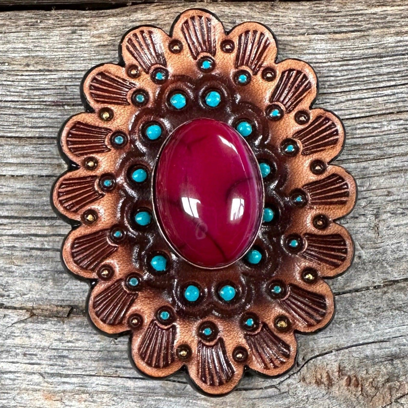 Leather Rosette Medium Oil Edges with Fuchsia Cabochon Western Concho R107CABFU
