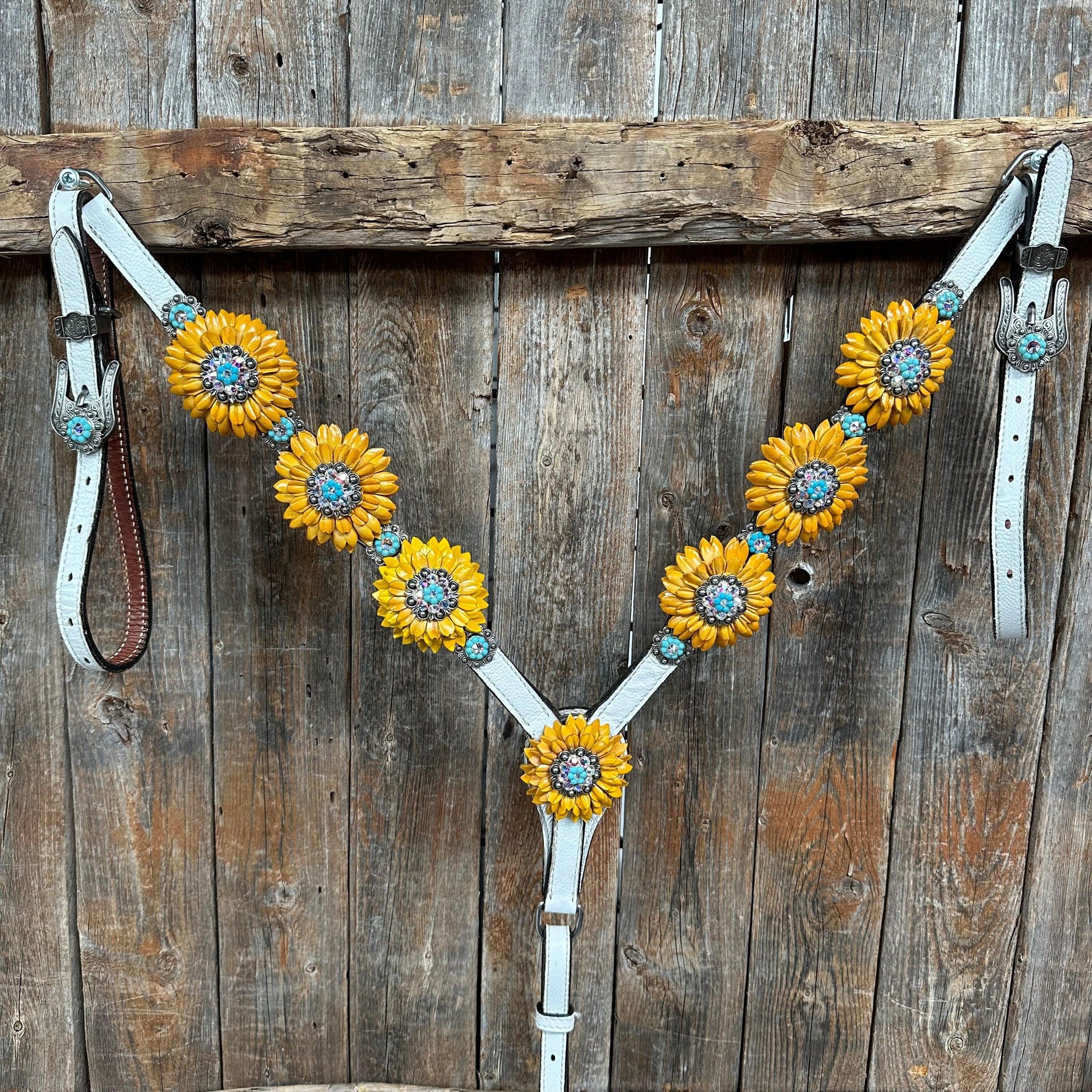 White Leather Turquoise Sunflower One Ear/ Breastcollar Tack Set 