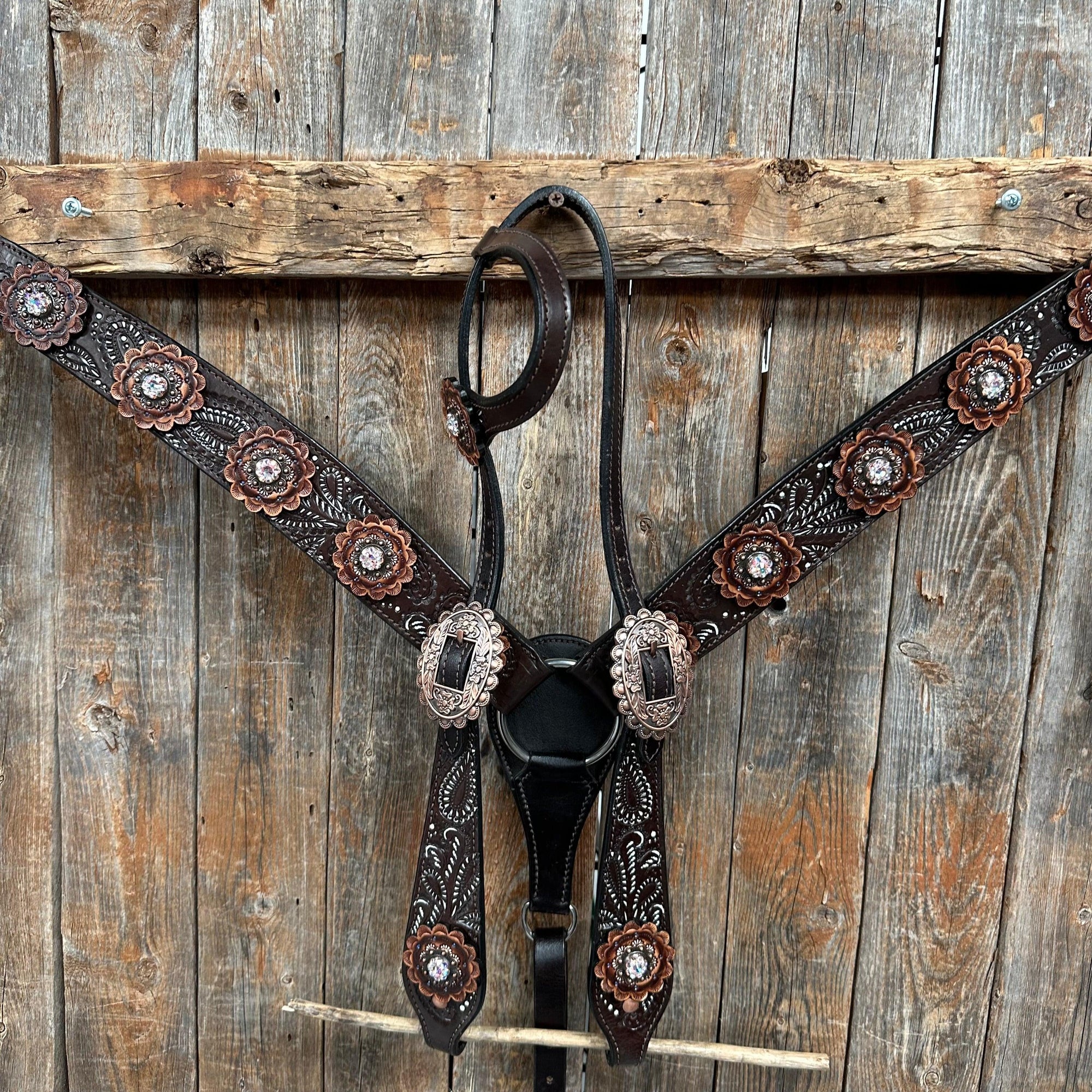 Hand Painted Paisley - Copper AB Rosette One Ear/ Breastcollar Tack Set 