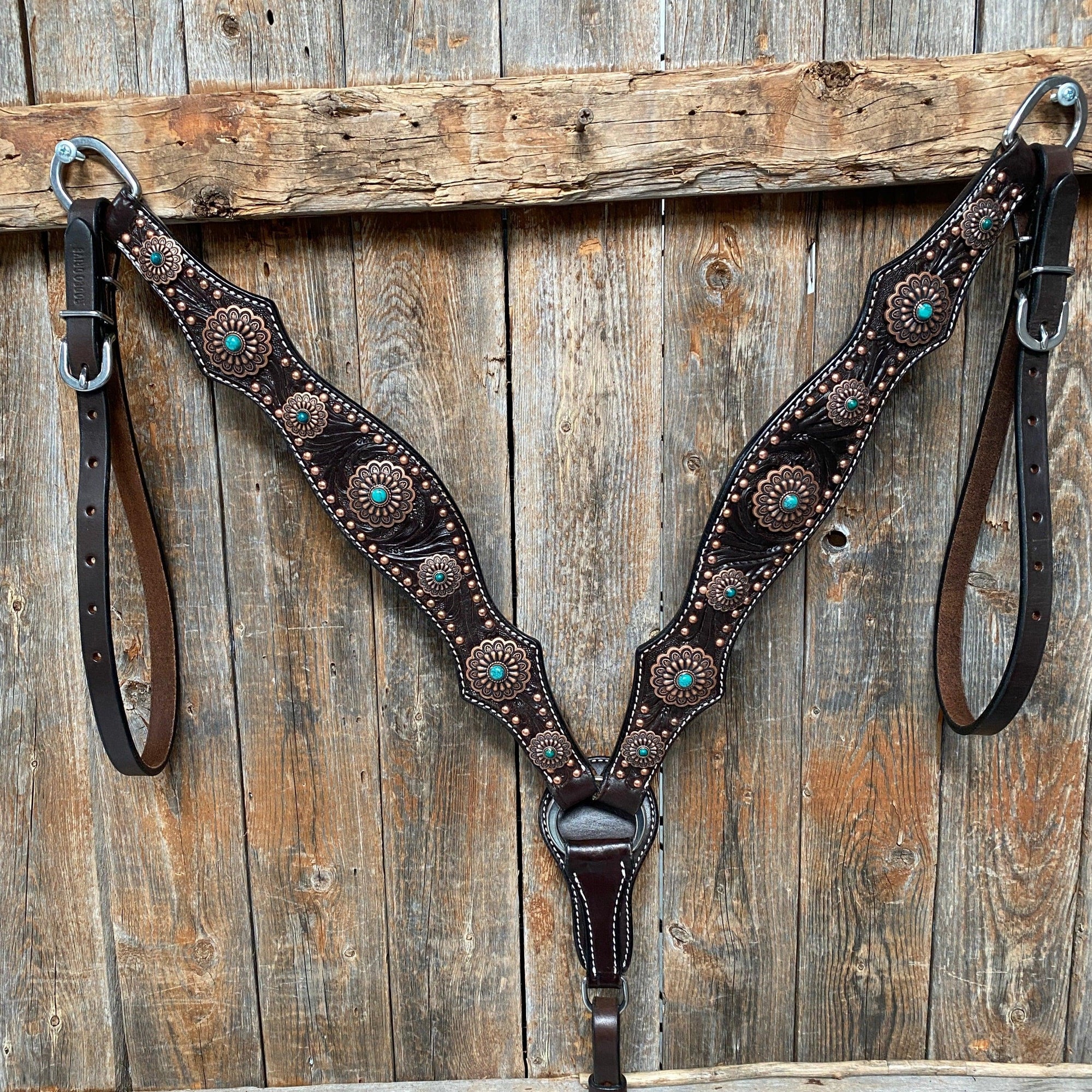 Dark Oil Copper Dot Floral with Turquoise Browband/One Ear Tack Set 