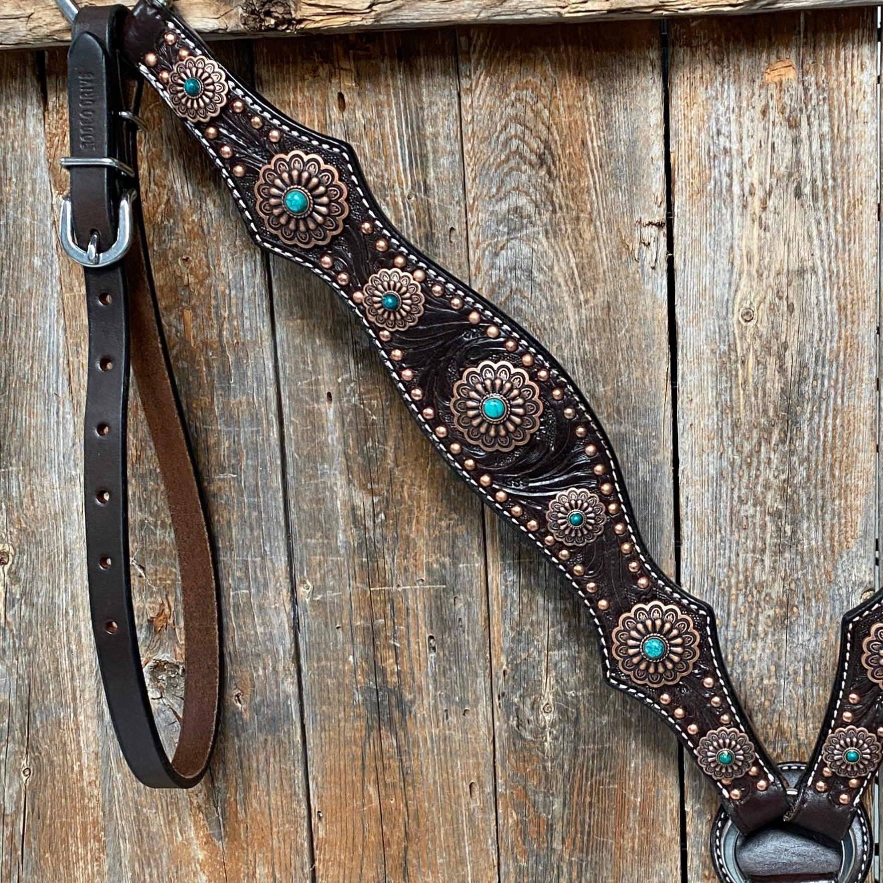 Dark Oil Copper Dot Floral with Turquoise Browband/One Ear Tack Set 