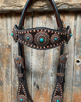 Dark Oil Copper Dot Floral with Turquoise Browband/One Ear Tack Set 