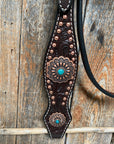 Dark Oil Copper Dot Floral with Turquoise Browband/One Ear Tack Set 