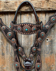 Dark Oil Copper Dot Floral with Turquoise Browband/One Ear Tack Set 