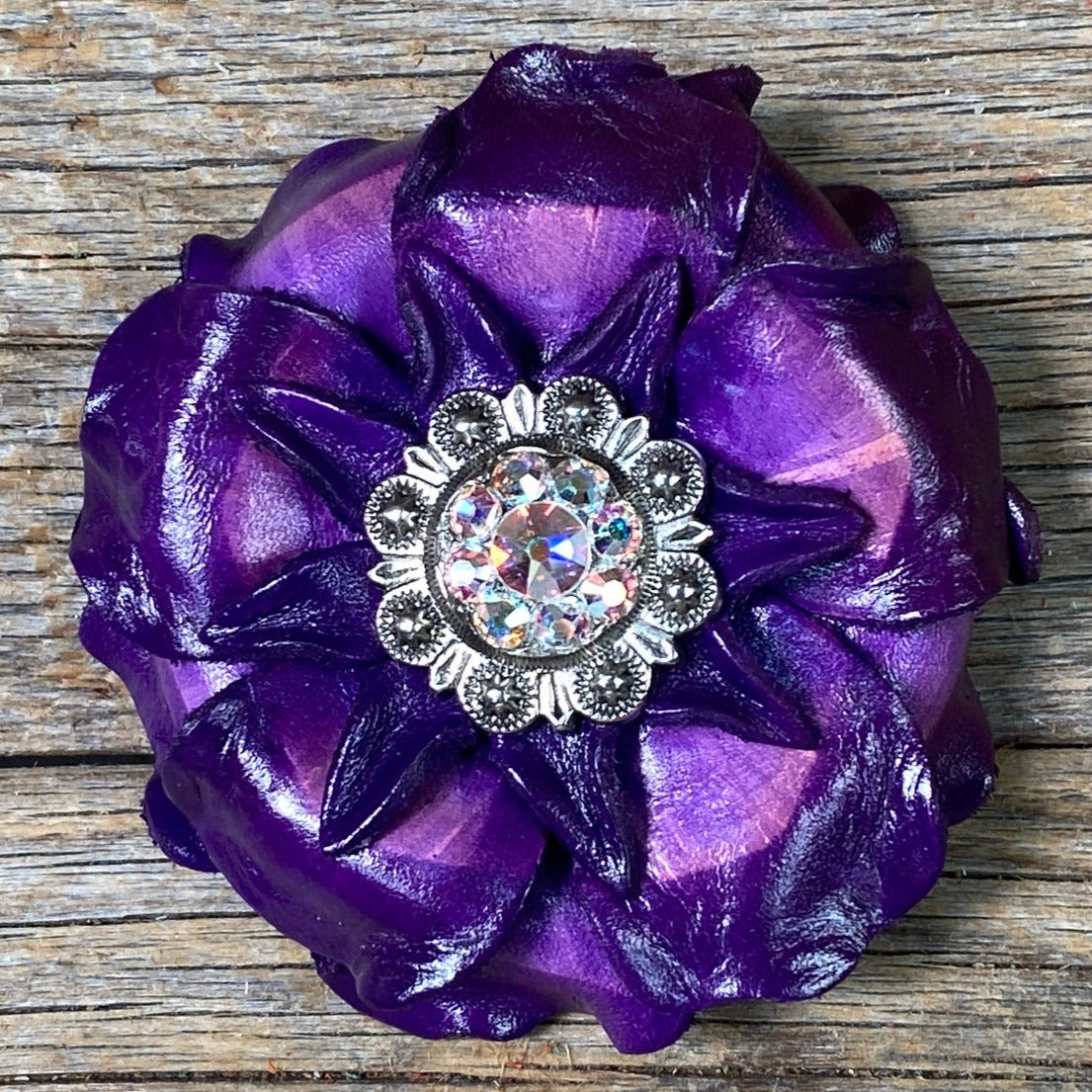 Purple Gardenia Leather Flowers - 1&quot; Crystal Conchos - Options