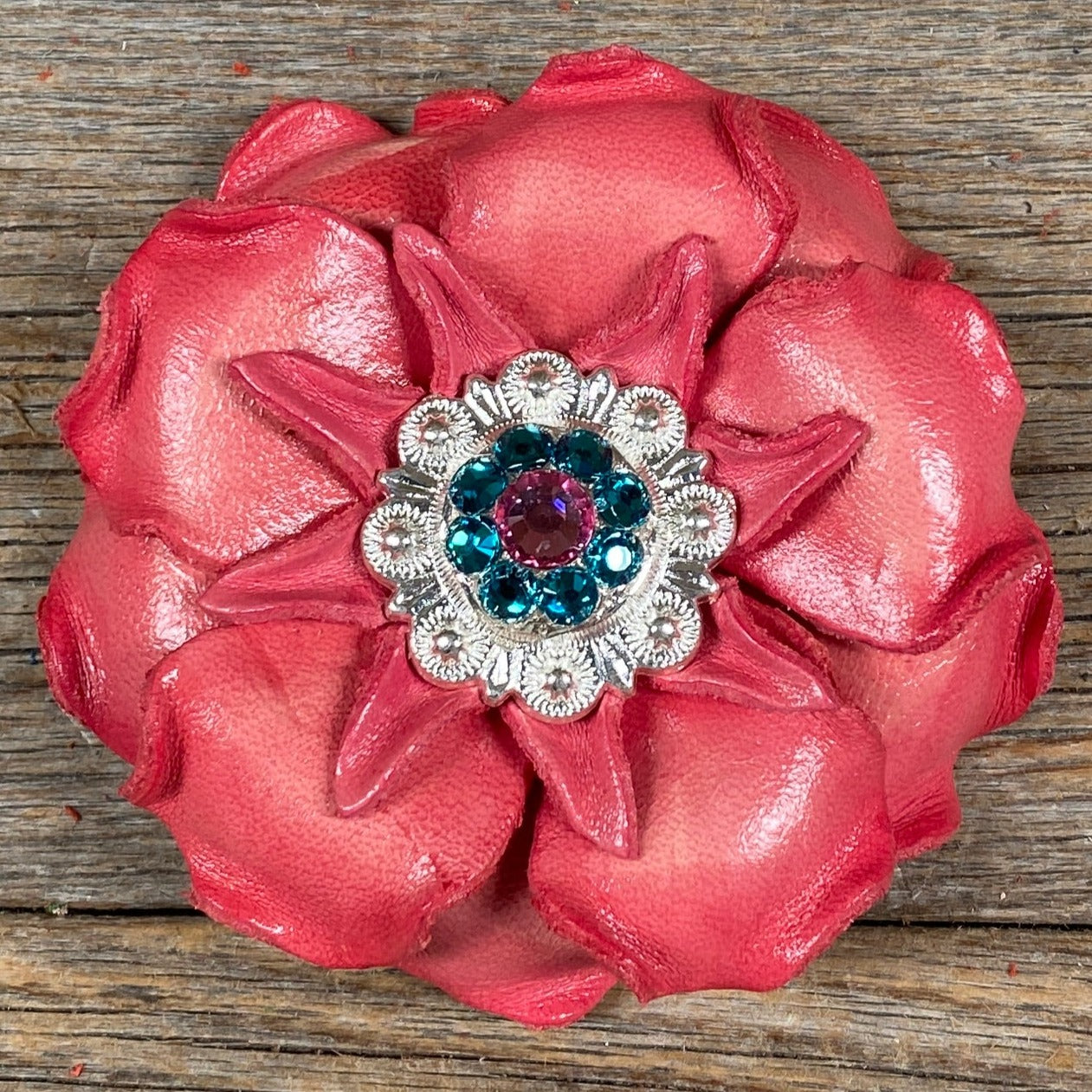 Pink Gardenia Leather Flowers - 1&quot; Crystal Conchos - Options
