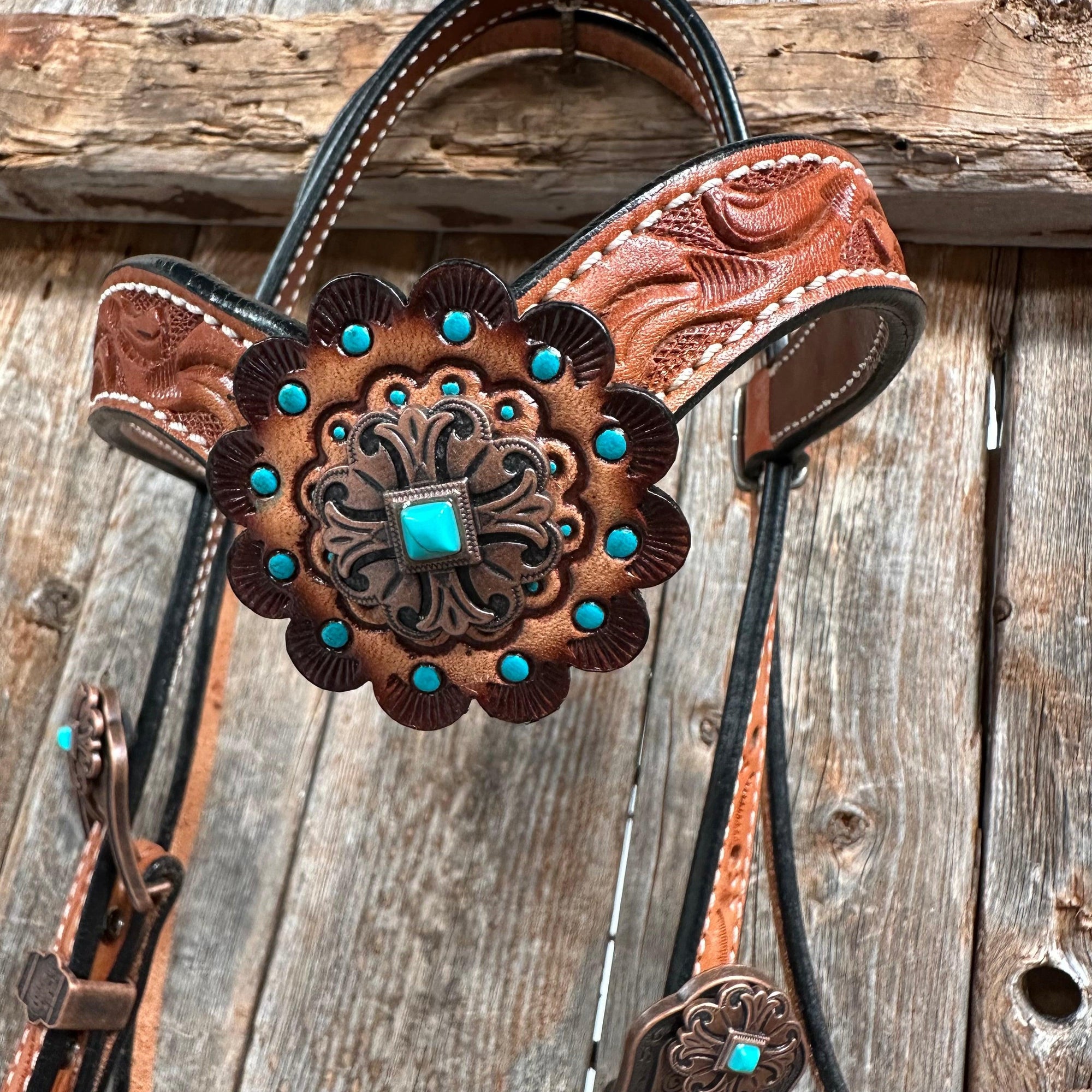 Light Oil V Brow Copper and Turquoise Browband &amp; Breastcollar Tack Set 