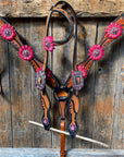 Leaf Scalloped Two Tone Pink Daisy One Ear Headstall / Bridle & Breastcollar Set 