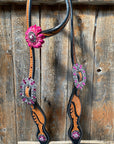 Leaf Scalloped Two Tone Pink Daisy One Ear Headstall / Bridle & Breastcollar Set 