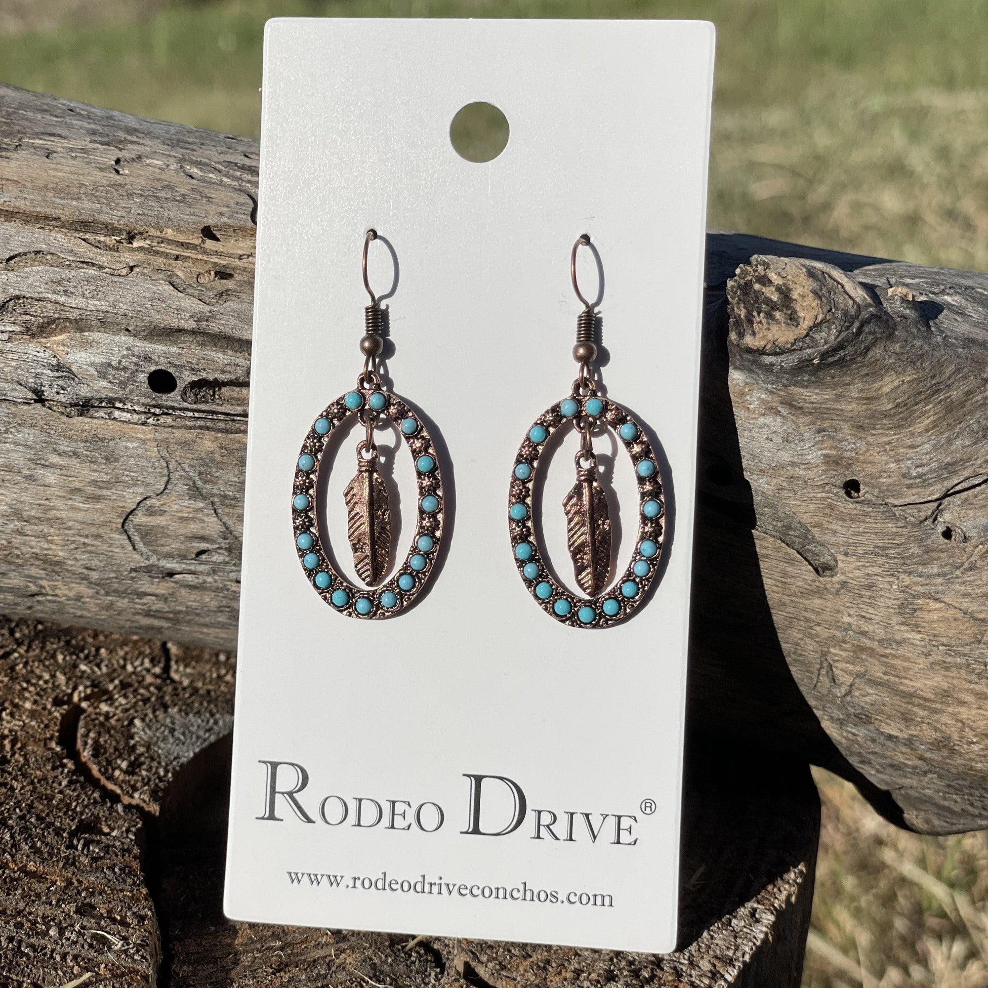 Feather and Turquoise Dangling Copper Fashion Earrings WA175