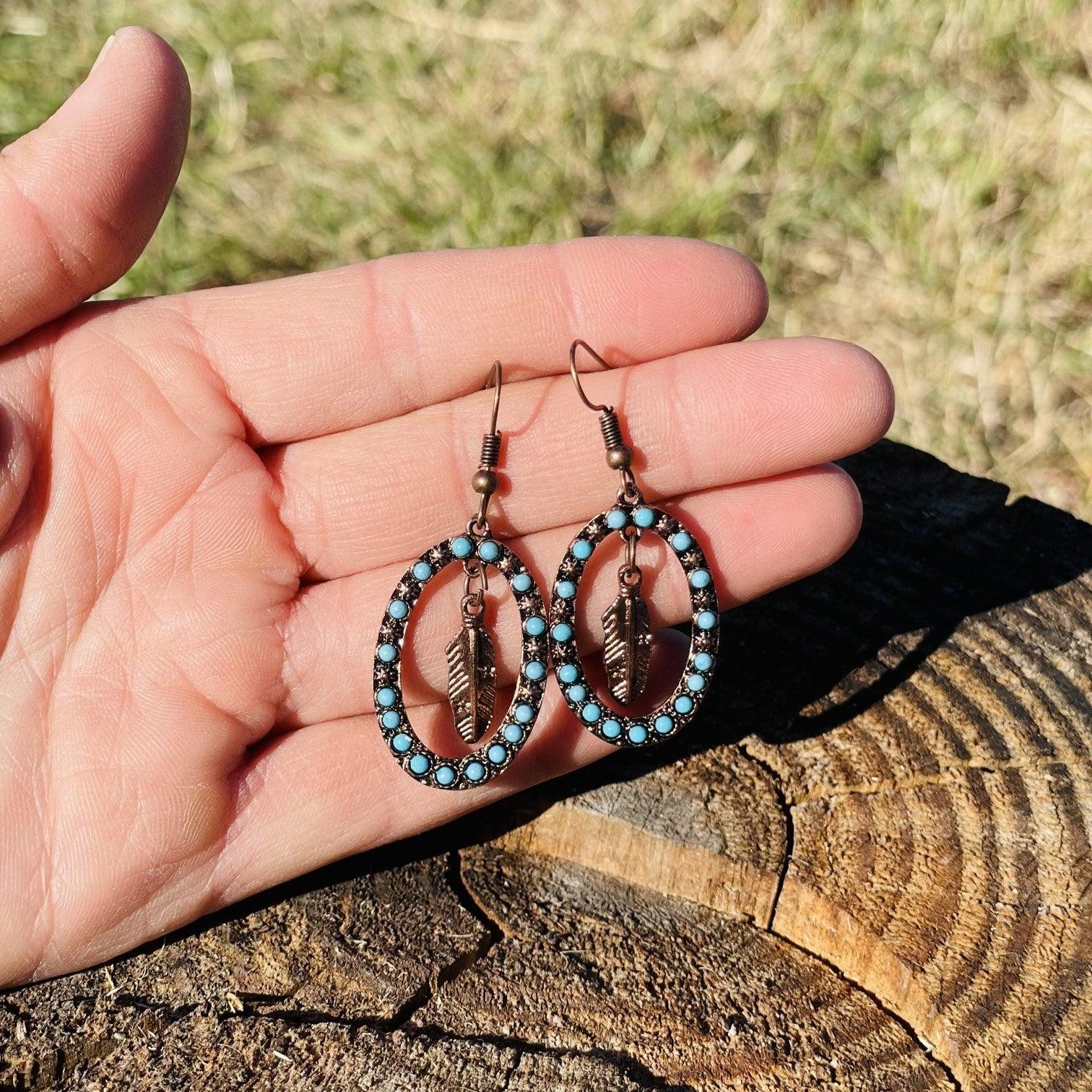 Feather and Turquoise Dangling Copper Fashion Earrings WA175