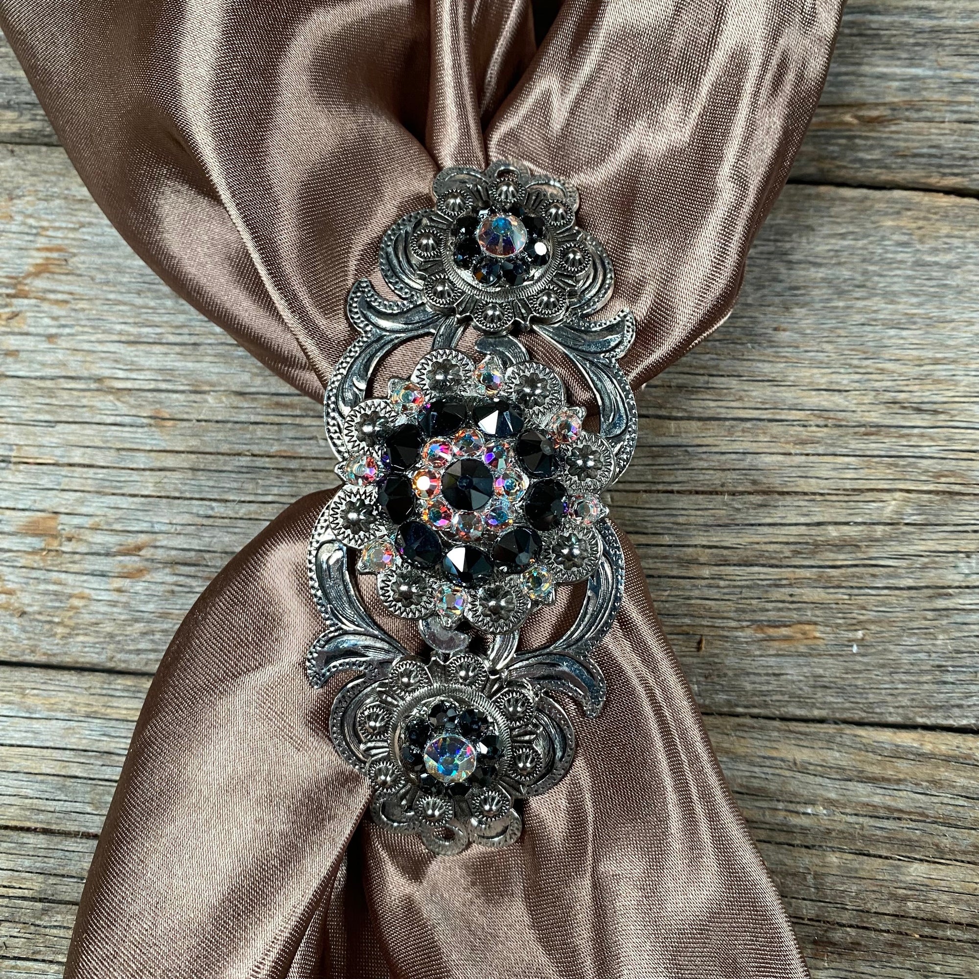 Triple Concho Antique Silver Crystal Slide Jet and AB