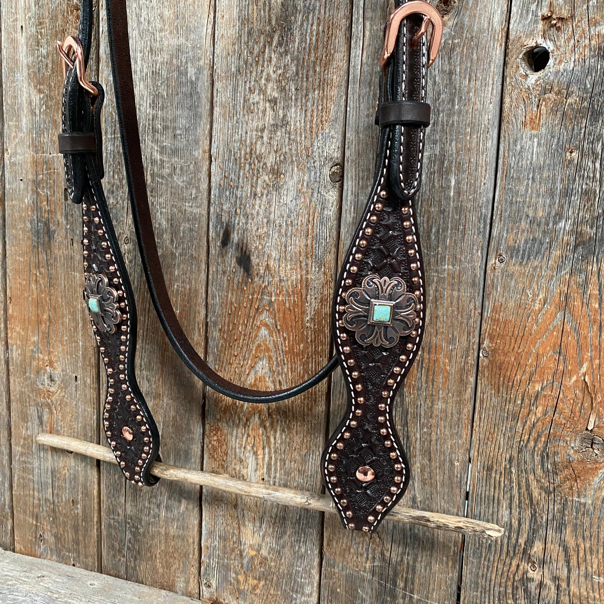 Copper Dot Honeycomb Turquoise  Browband / One Ear Tack Set 
