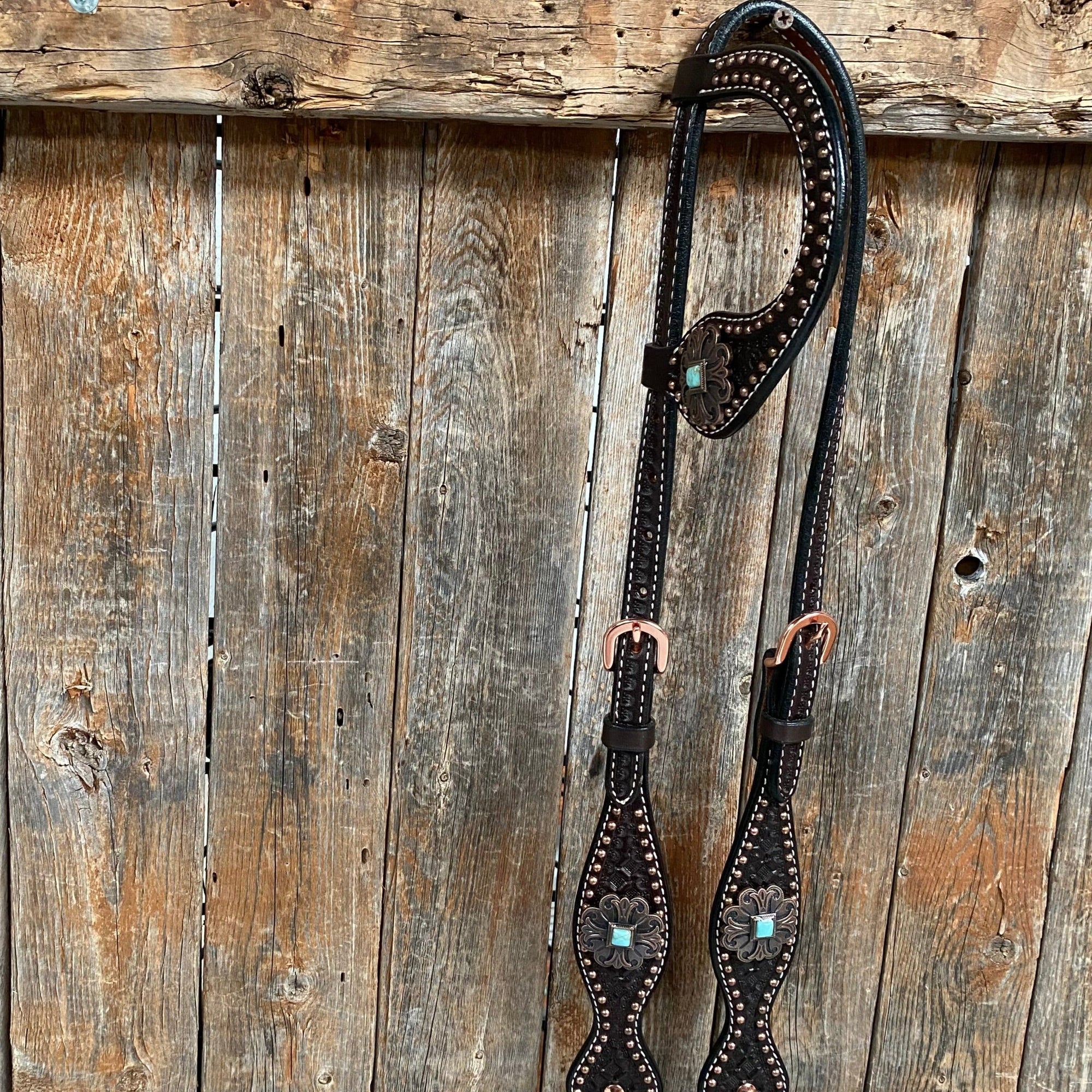Copper Dot Honeycomb Turquoise  Browband / One Ear Tack Set 