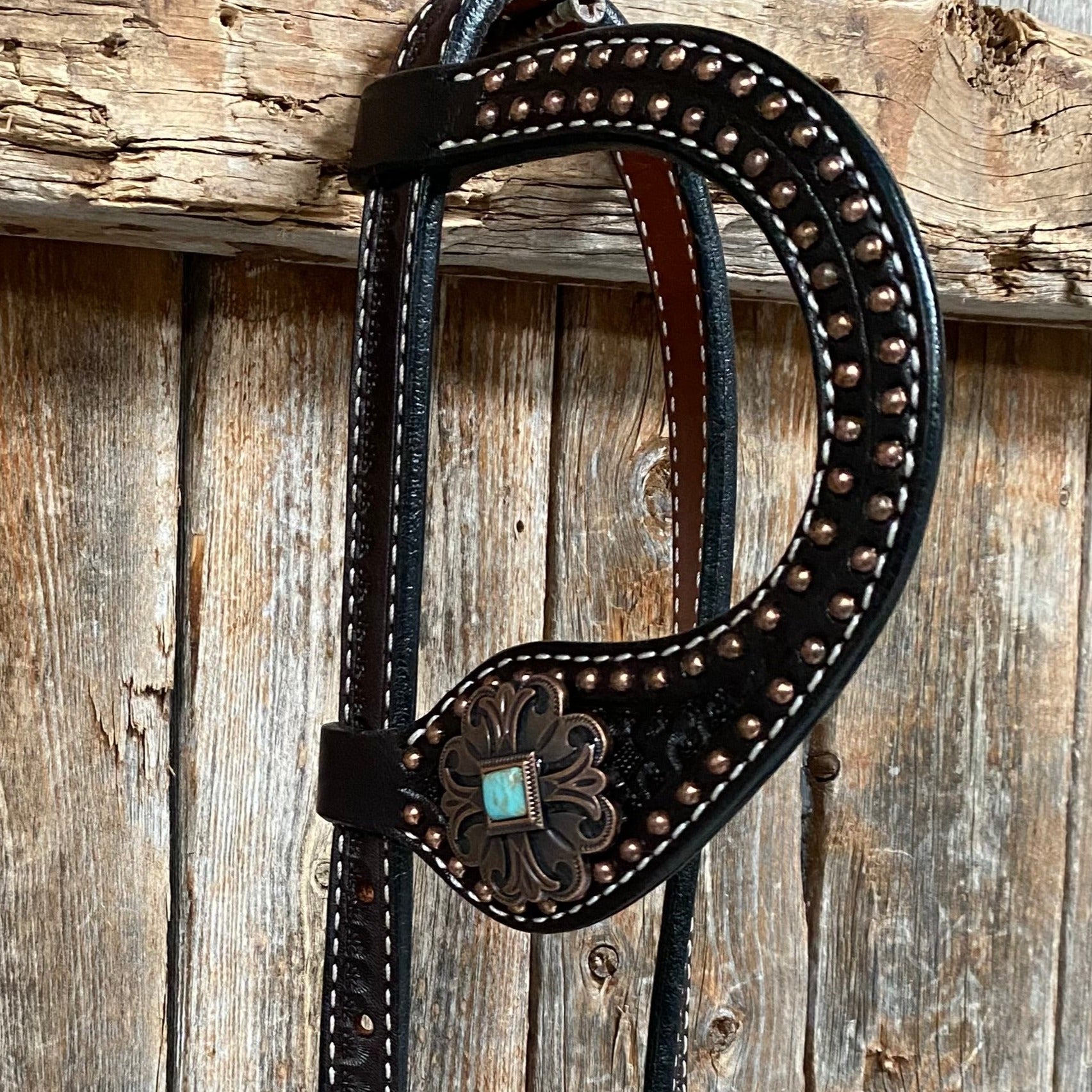 Copper Dot Honeycomb Turquoise  Browband / One Ear Tack Set 