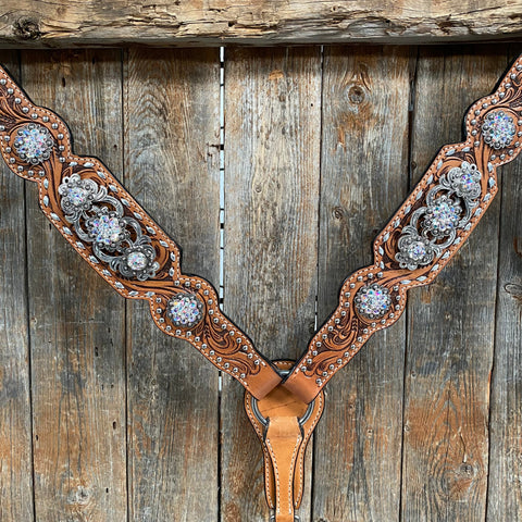 Silver Dot and Buckstitch Fancy AB Browband Tack Set