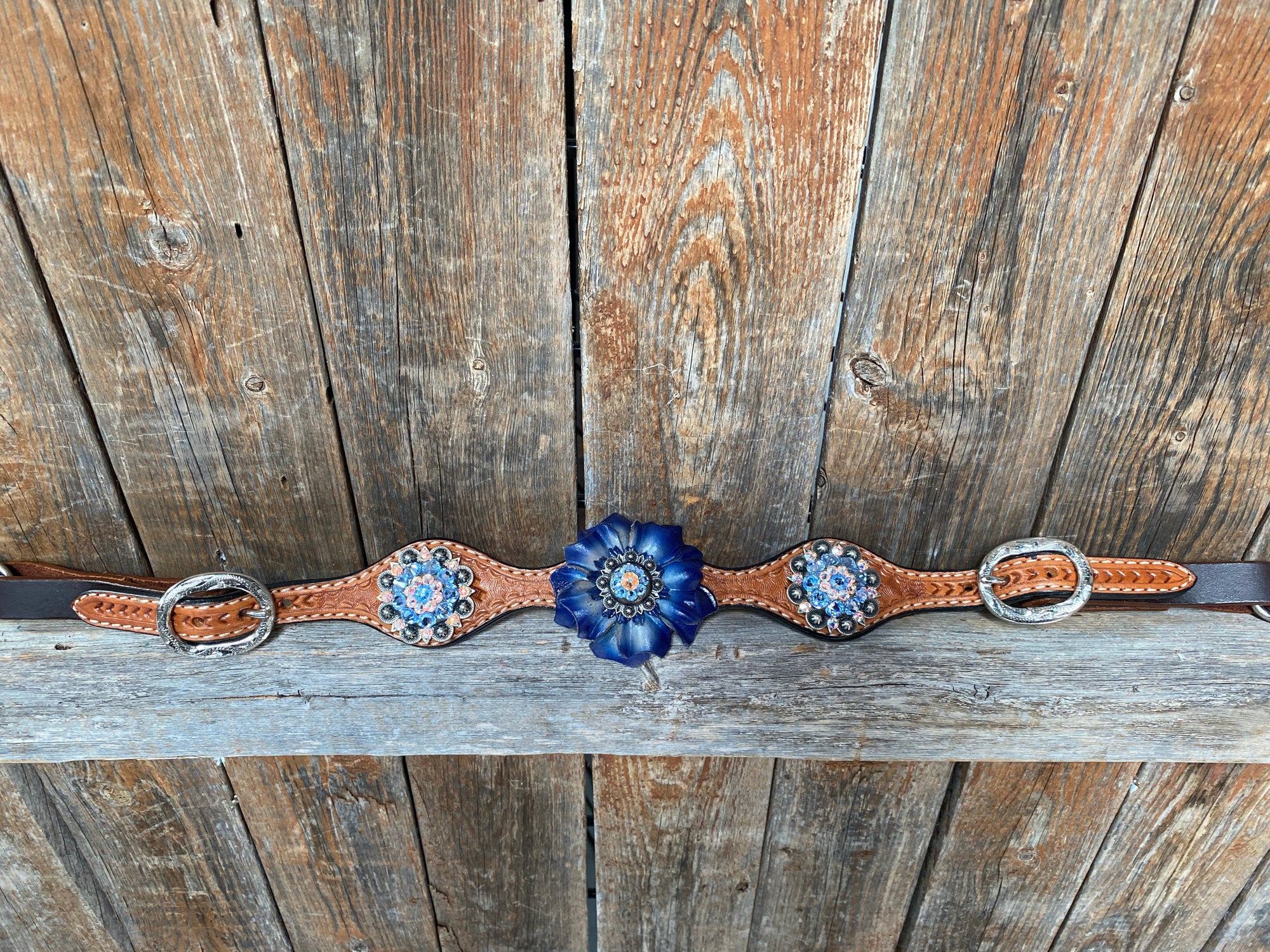 Light Oil Basketweave Blue Wither Strap, One Ear &amp; Breastcollar Tack Set 