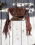 Aztec Cowhide Brown Tooled Crossbody Fringe