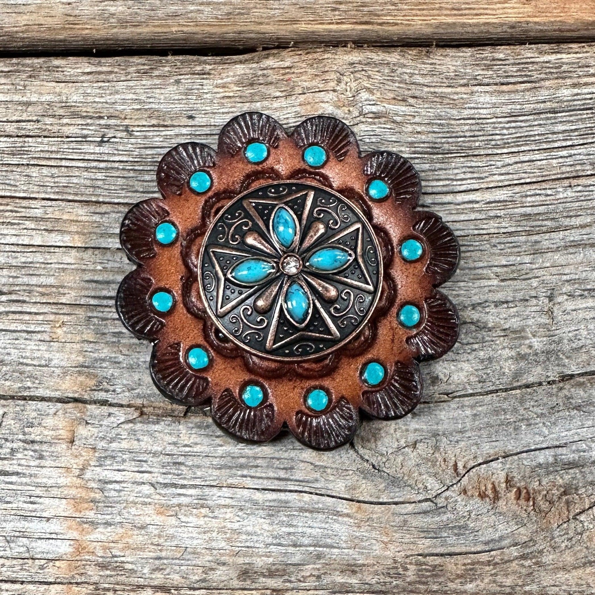 Leather Rosette Dark Oil Edges with Copper Turquoise Western Concho R112W138S