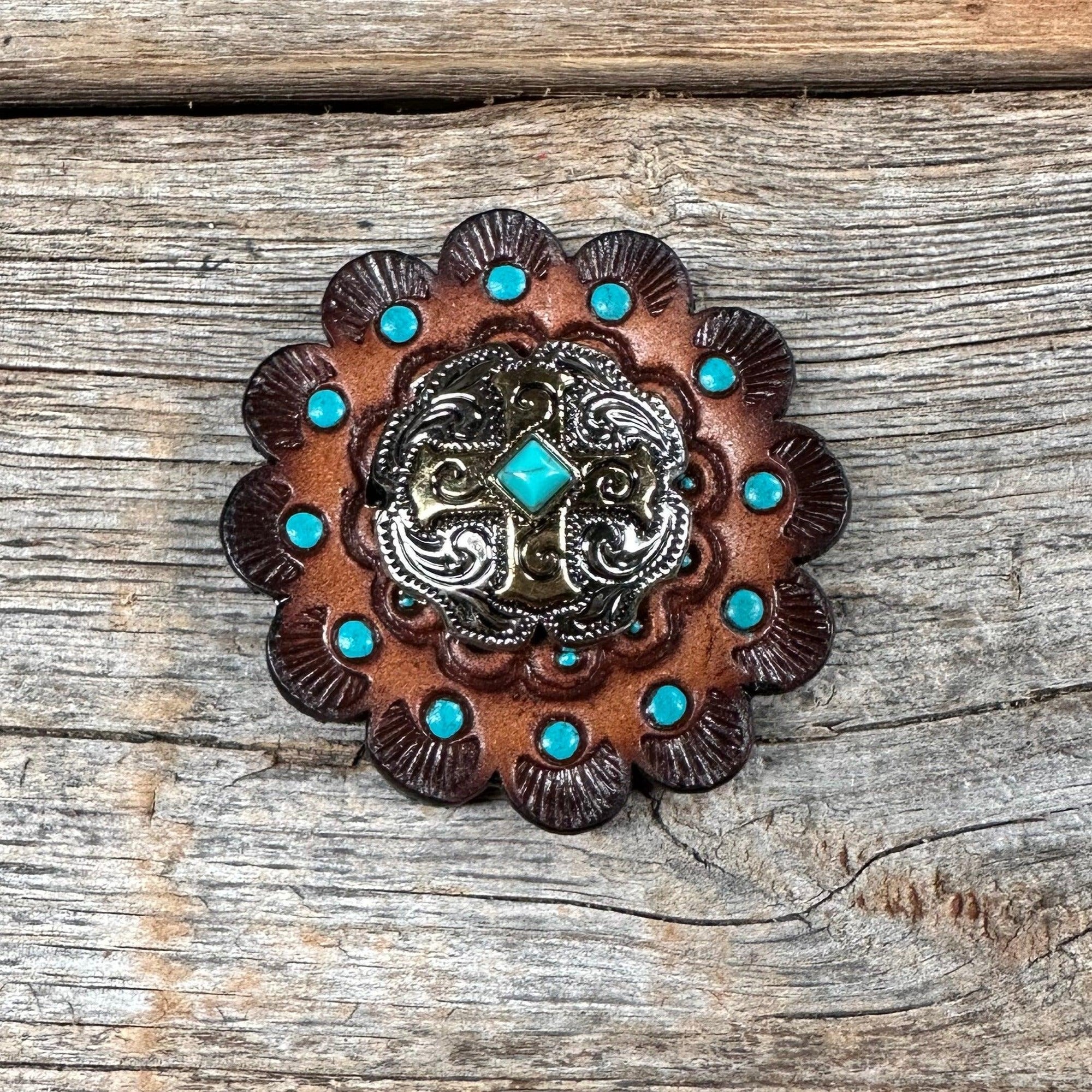 Leather Rosette Dark Oil Edges with Antique Silver and Gold cross Western Concho R112W189S