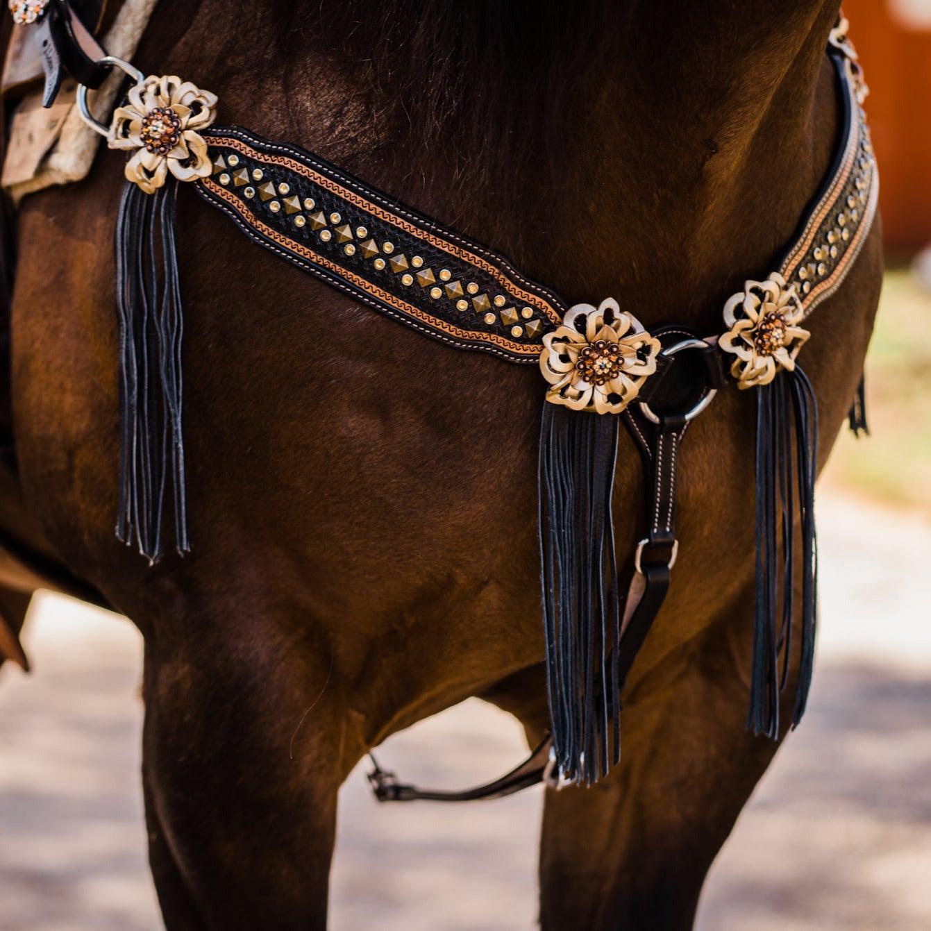 Two Tone Leather - Brass Studded Gold Browband / Breastcollar Tack Set 