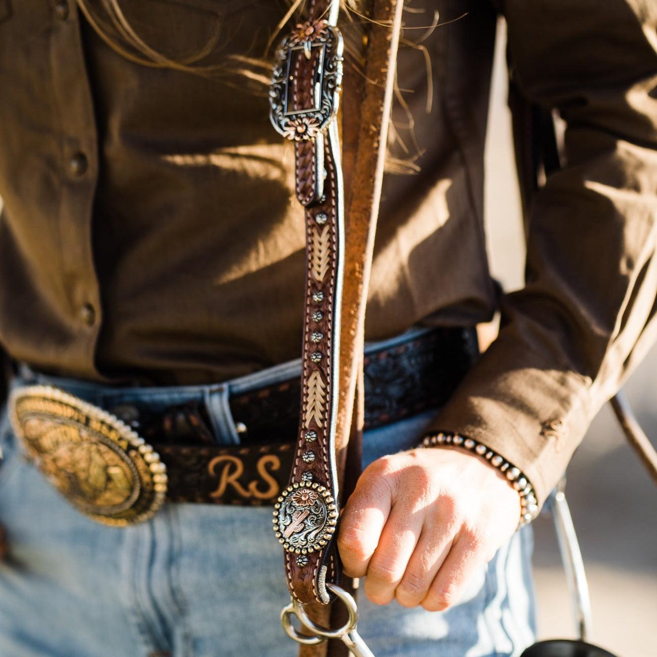 Rawhide Cactus and Flower One Ear Headstall/Bridle 