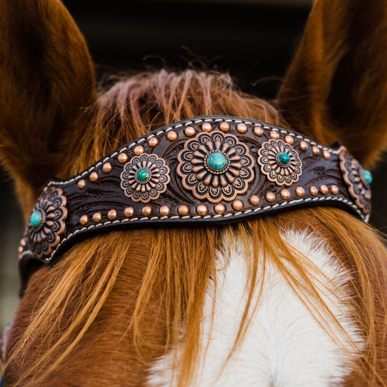 Dark Oil Copper Dot Floral with Turquoise Browband/One Ear Tack Set 
