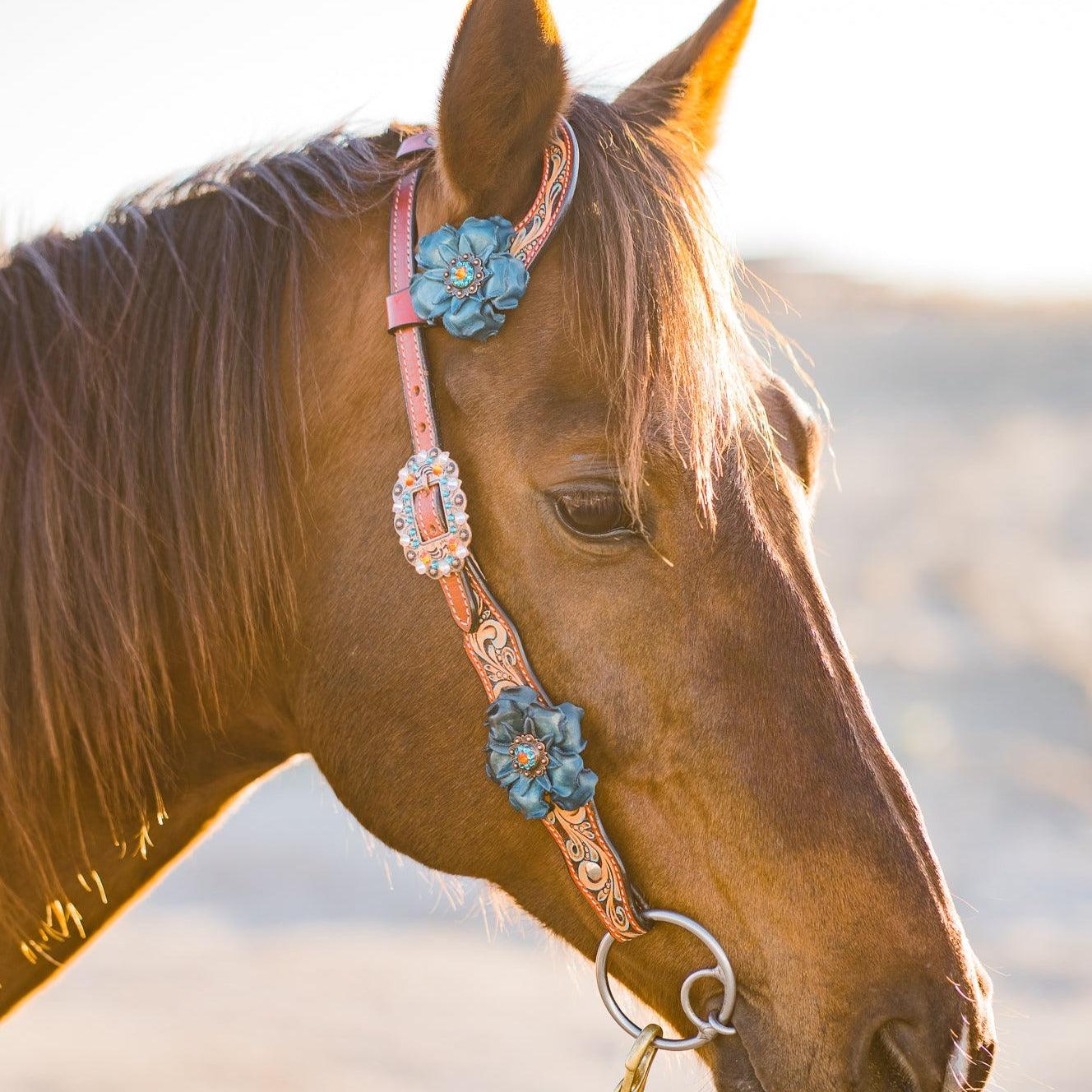 Rust Triangle Turquoise Flower One Ear/ Breastcollar Tack Set 