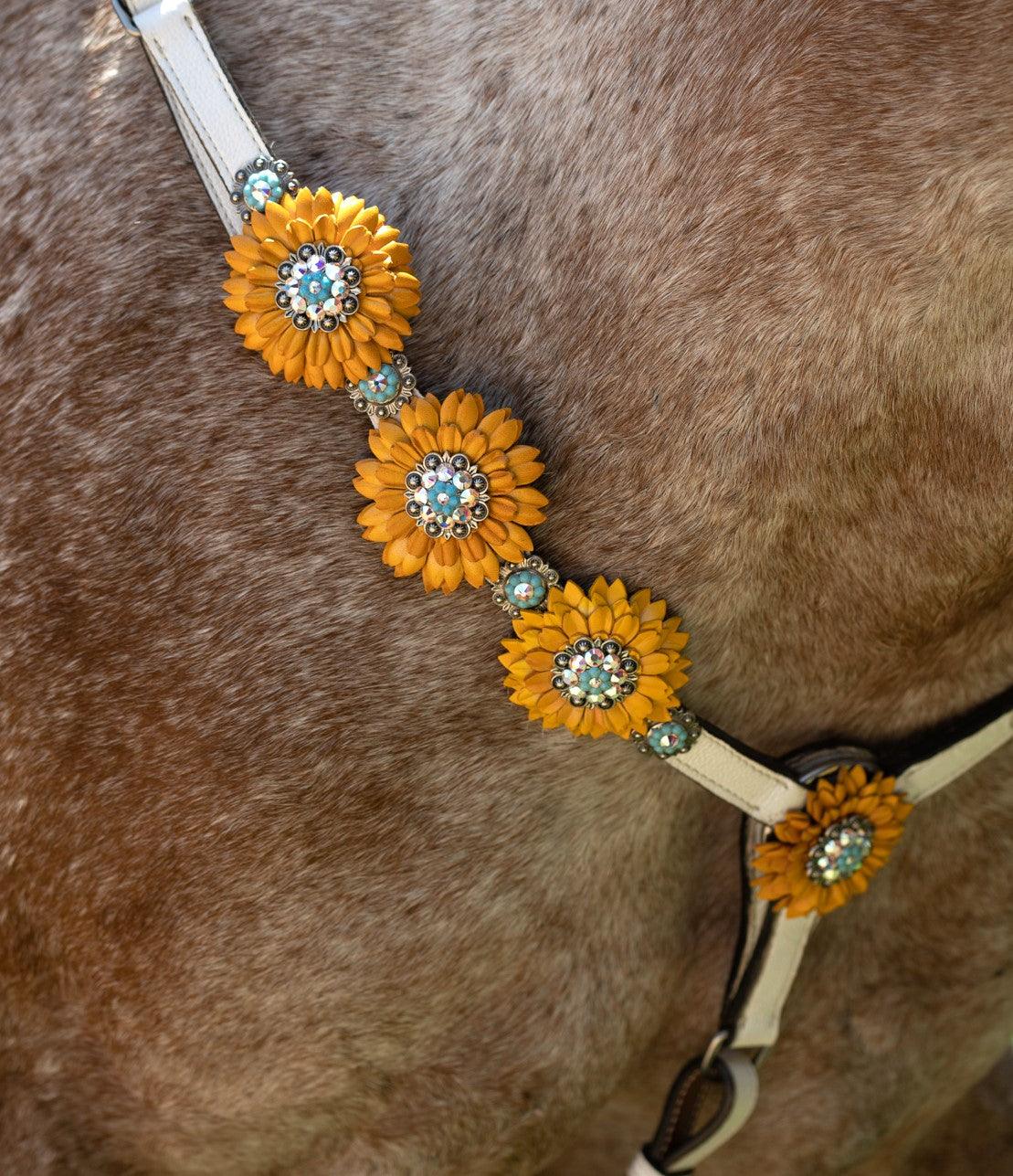 White Leather Turquoise Sunflower One Ear/ Breastcollar Tack Set 