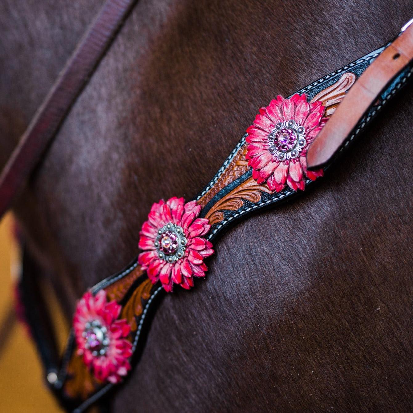 Leaf Scalloped Two Tone Pink Daisy One Ear Headstall / Bridle &amp; Breastcollar Set 