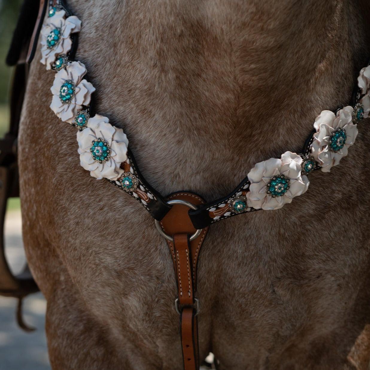 Classic Teal &amp; White One Ear / Breastcollar Tack Set 