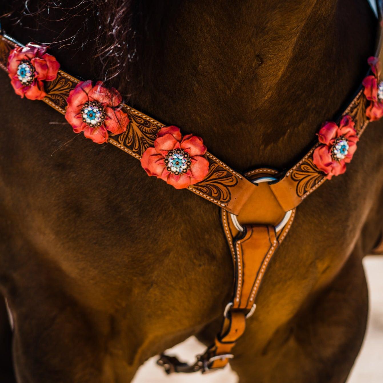 Honey Colored Floral Pink and Turquoise Tack Set  