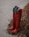 A4212A - WOMEN'S DISTRESSED RED EMBROIDERY TALL TOP J TOE COWBOY BOOT