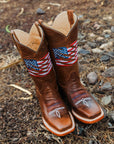 T0228 - TEEN'S PATRIOTIC EMBROIDERY BROWN SQUARE TOE COWBOY BOOT