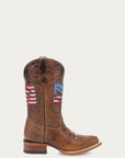 T0228 - TEEN'S PATRIOTIC EMBROIDERY BROWN SQUARE TOE COWBOY BOOT