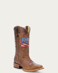 T0228 - TEEN'S PATRIOTIC EMBROIDERY BROWN SQUARE TOE COWBOY BOOT