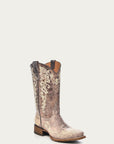 A2980 - TEEN'S BONE COLOR FLORAL EMBROIDERY SQUARE TOE COWBOY BOOT