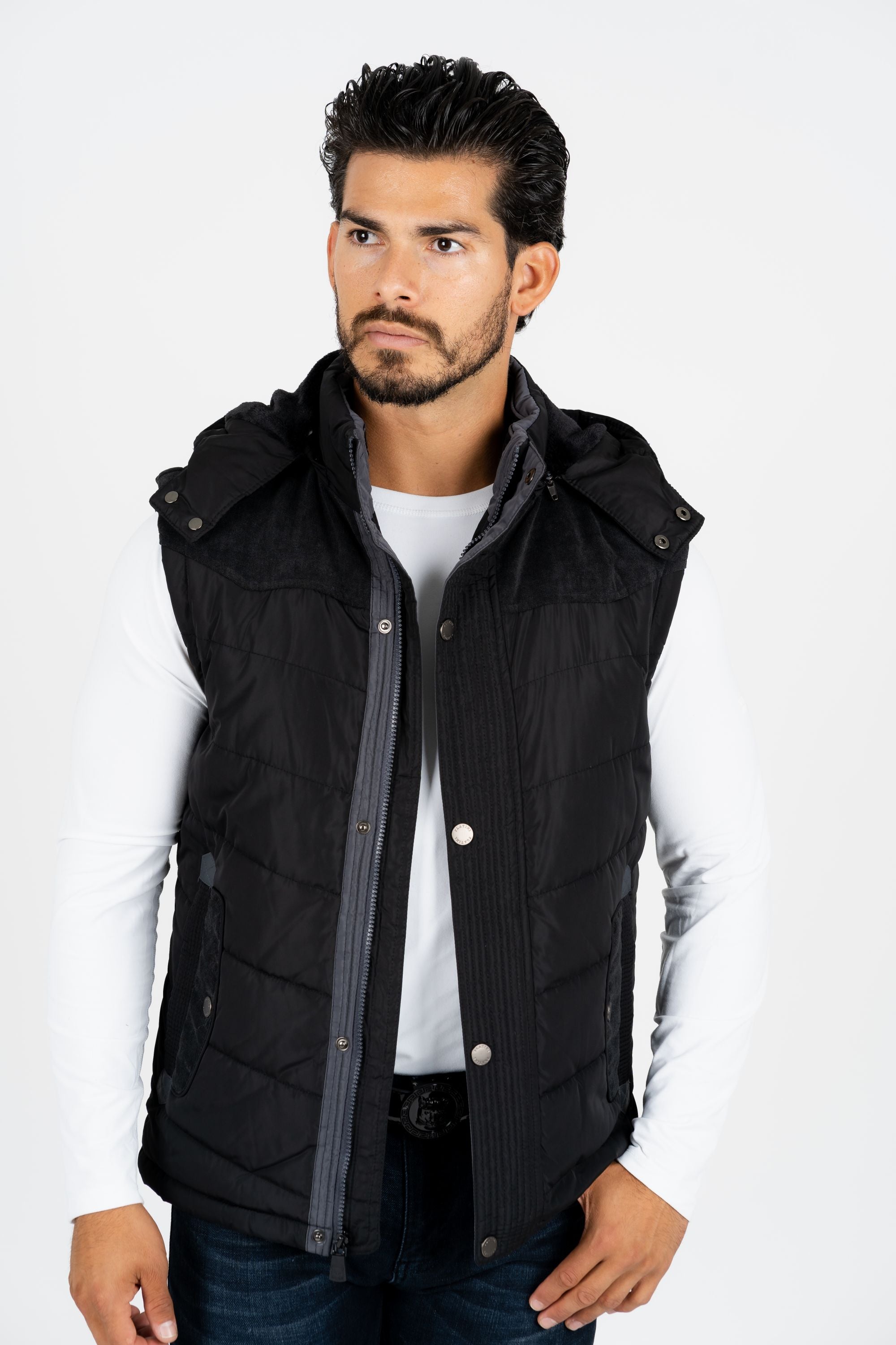 Men&#39;s Black Padded Hooded Vest w/ Faux Fur Lining
