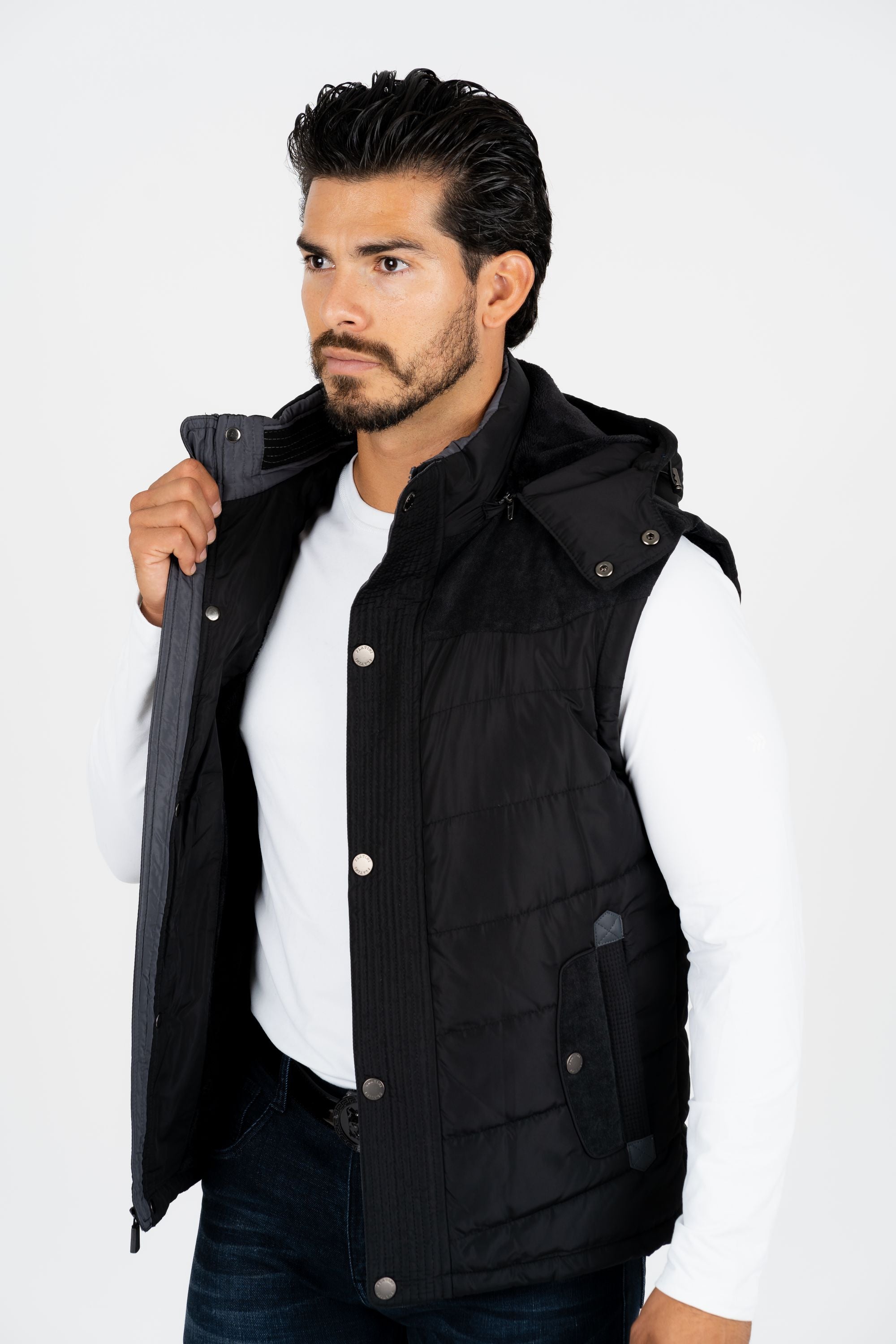 Men&#39;s Black Padded Hooded Vest w/ Faux Fur Lining