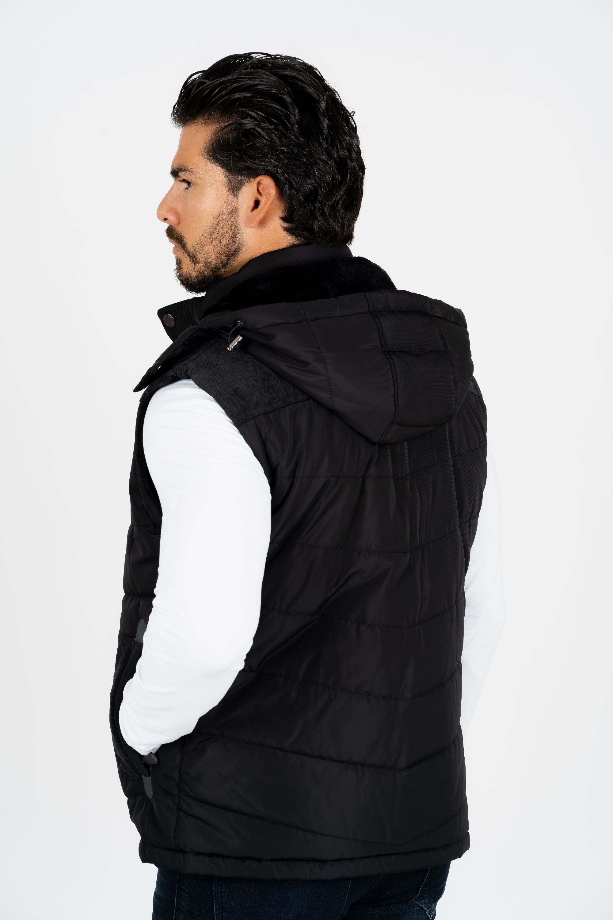 Men&#39;s Black Padded Hooded Vest w/ Faux Fur Lining