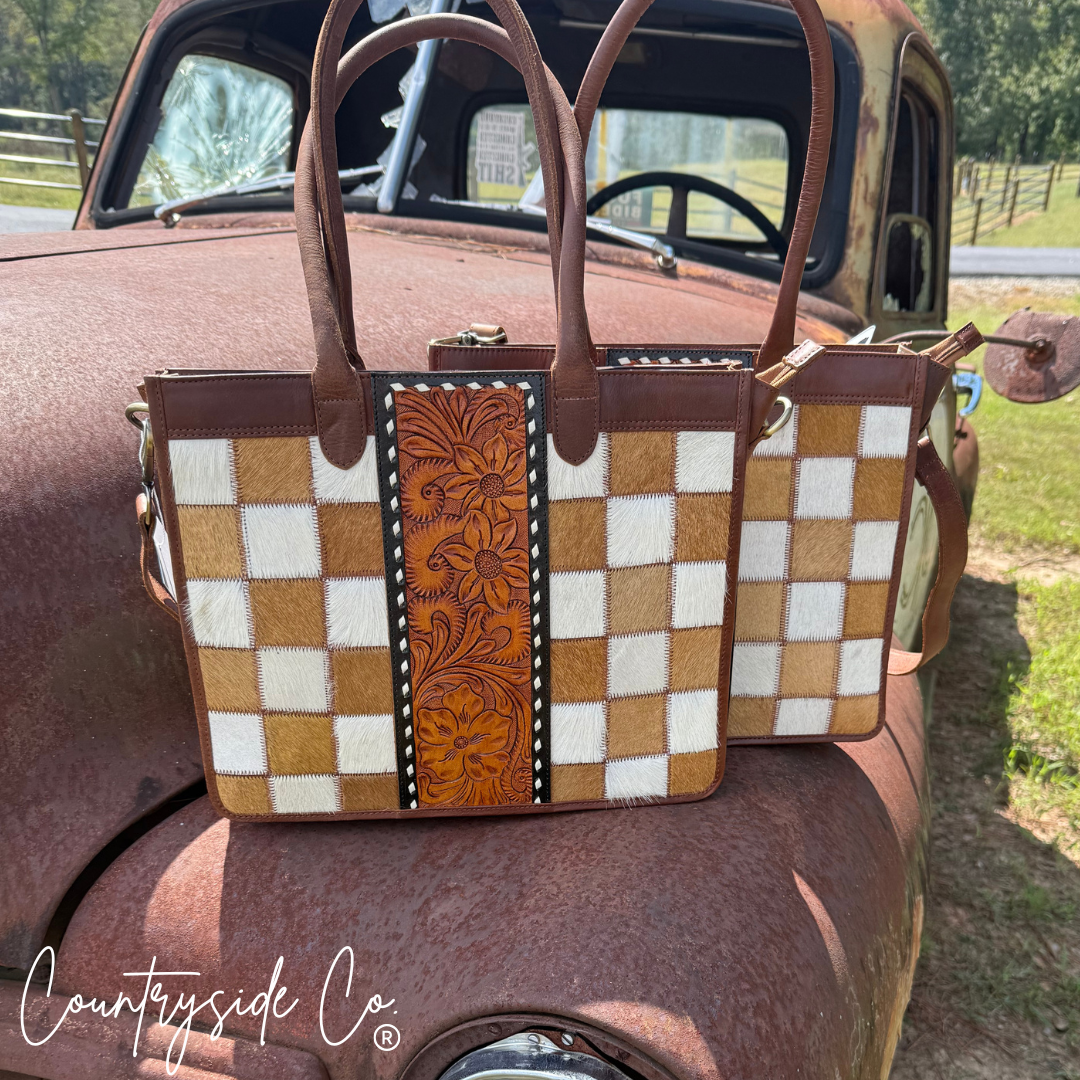 Virginia Cowhide Checkered Concealed Carry Tote Handbag